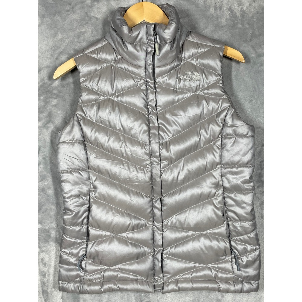 The North Face Womens 550 Down Puffer Vest Silver Grey Metallic Quilted Small
